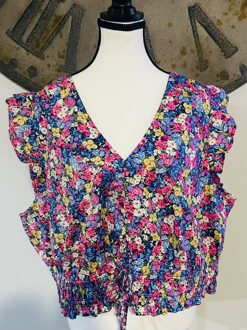 Floral V-Neck Ruffle Sleeve Top - Bright Pink, Blue & Yellow Brand New